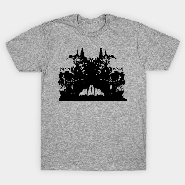 two skulls nightmarish landscape T-Shirt by lkn